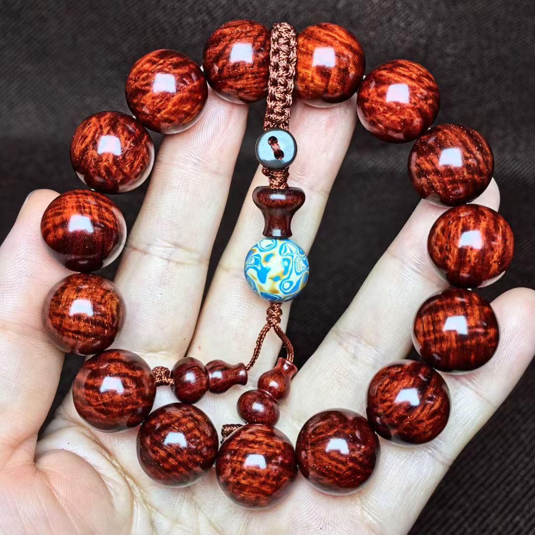 印度小叶紫檀水波纹15mm精品木雕刻手串紫檀木雕刻手串