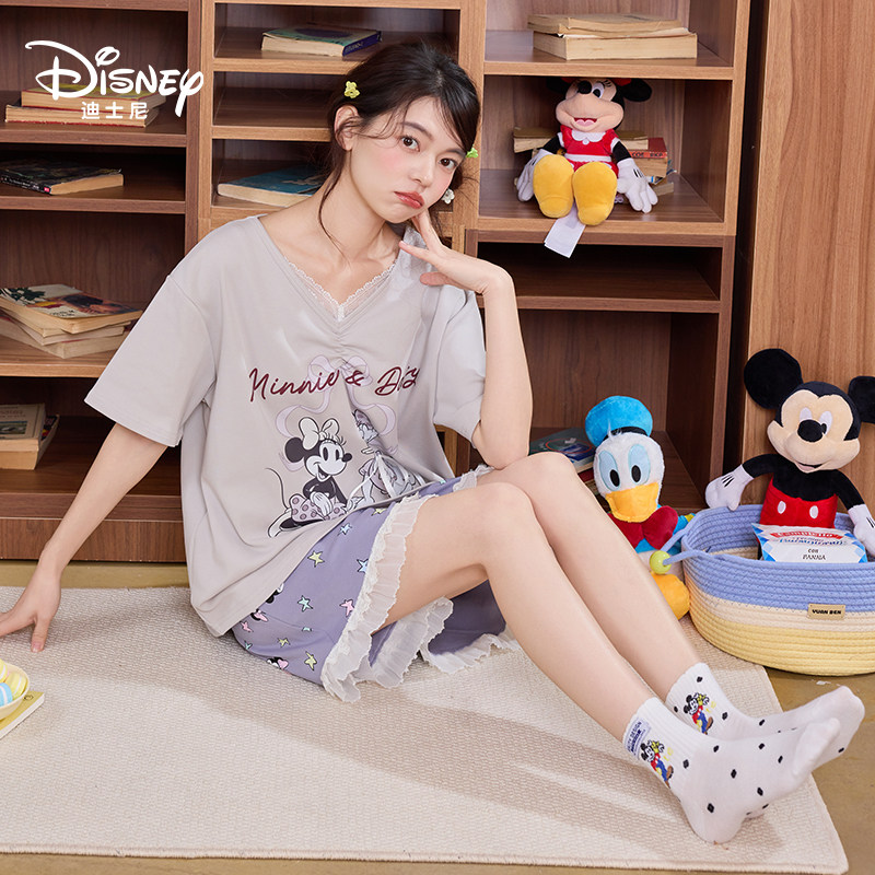 Disney迪士尼夏季新款纯棉短袖短裤带胸垫卡通动漫舒适家居服0338