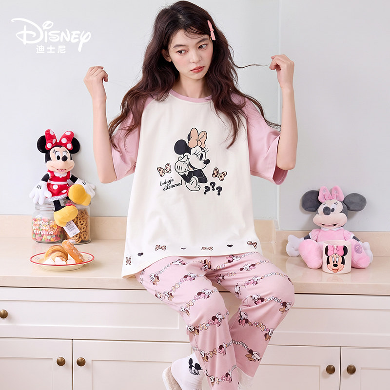 Disney迪士尼夏季套头短袖长裤带胸垫纯棉卡通动漫少女家居服0520