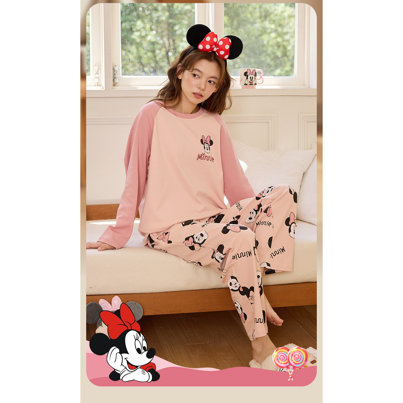Disney/迪士尼秋冬季圆领长袖带胸垫印花甜美舒适宽松家居服0172