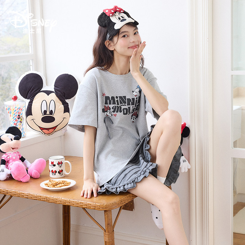 Disney迪士尼春夏新款纯棉短袖短裤套头带胸垫休闲舒适家居服0270
