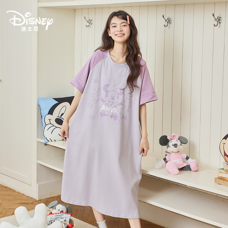 Disney迪士尼春夏新款纯棉圆领带胸垫睡裙甜美可爱大码家居服0287