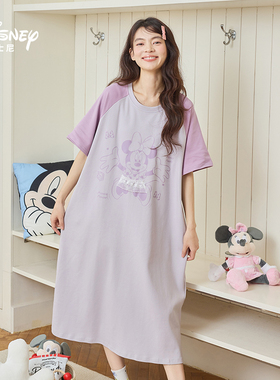 Disney迪士尼春夏新款纯棉圆领带胸垫睡裙甜美可爱大码家居服0287