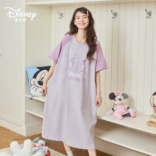 Disney迪士尼春夏新款纯棉圆领带胸垫睡裙甜美可爱大码家居服0287
