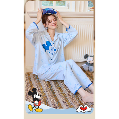 Disney迪士尼羊绒蚕丝秋冬长袖长裤开衫印花大码舒适家居服0232
