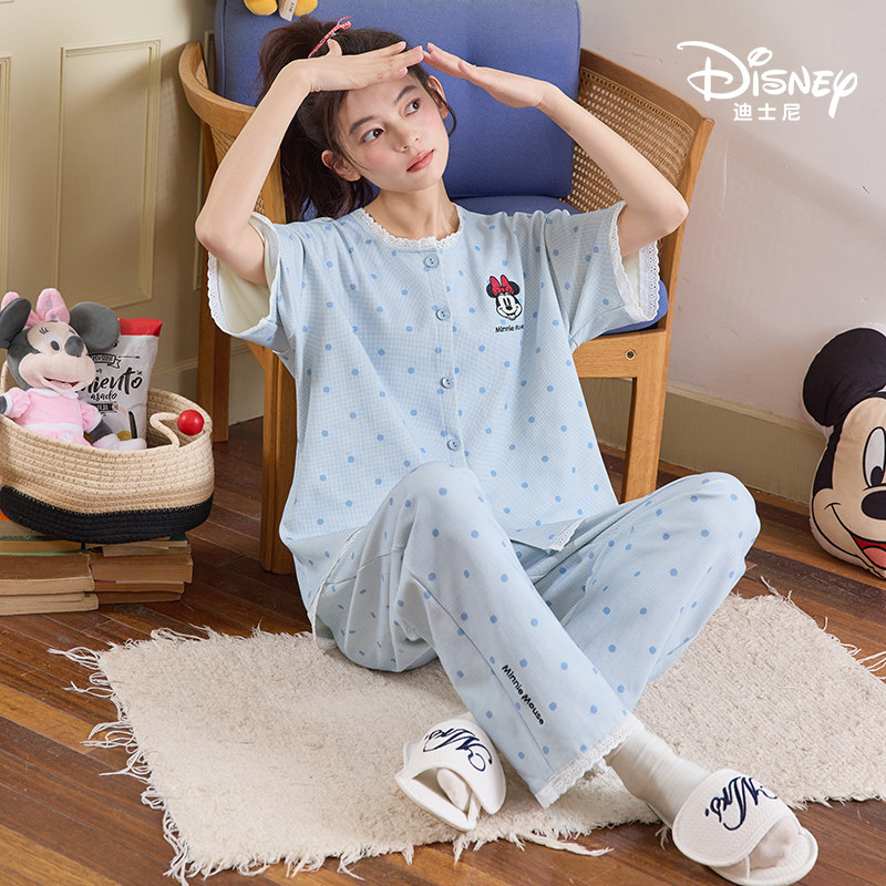Disney迪士尼春夏新款纯棉开衫短袖长裤带胸垫休闲舒适家居服0295