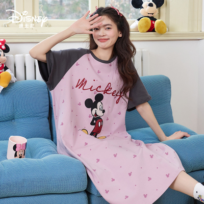 Disney迪士尼夏季新款纯棉短袖睡裙套头带胸垫舒适休闲家居服0276