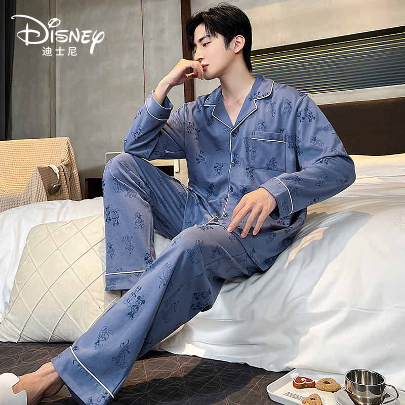 Disney/迪士尼开衫情侣睡衣纯棉米奇舒适休闲家居服套装0085男款