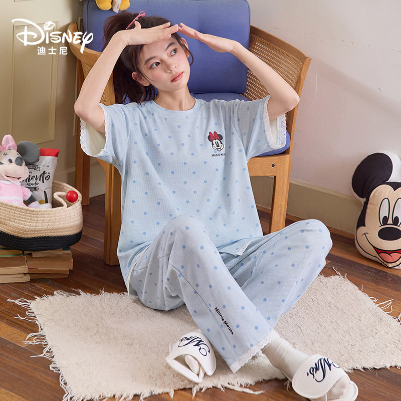 Disney/迪士尼夏季新款套头纯棉短袖长女裤带胸垫简约家居服0458