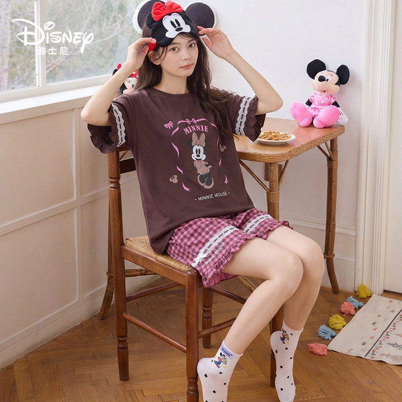 Disney迪士尼夏季新款纯棉短袖短裤带胸垫卡通动漫大码家居服0322
