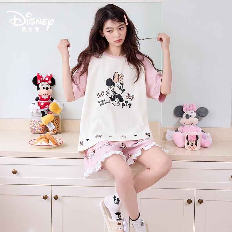 Disney/迪士尼夏季套头女短袖短裤纯棉带胸垫休闲卡通家居服0277