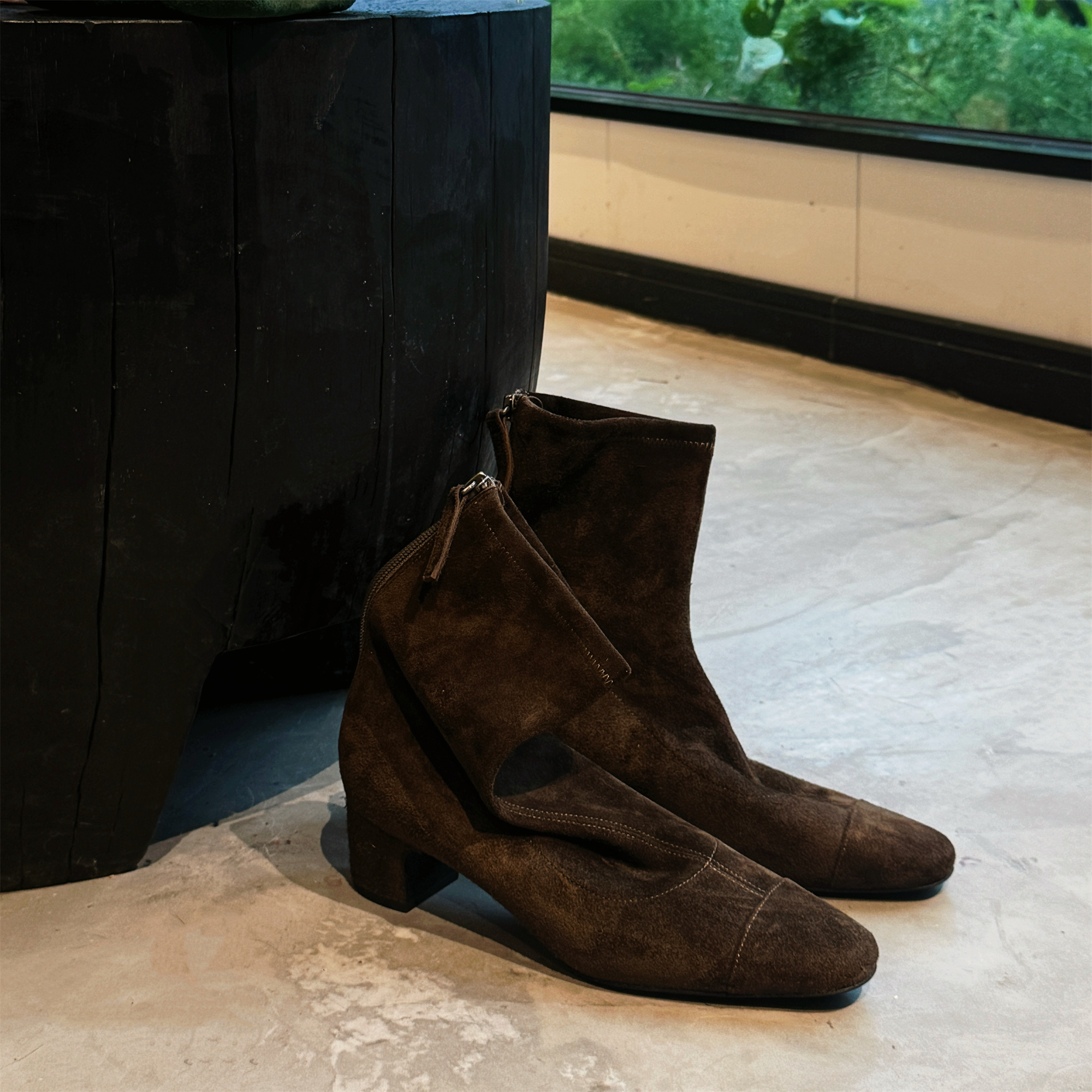 CZCAICAI 2025年新款小香风粗跟高跟靴子女咖色瘦瘦短靴春秋单靴