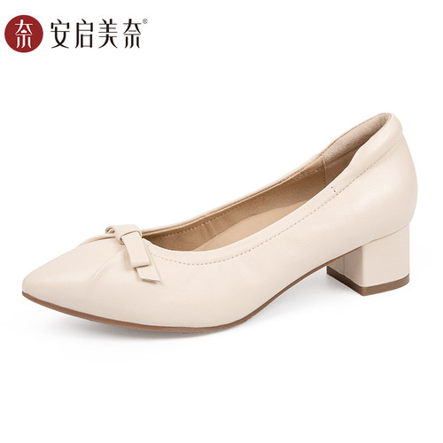 安启美奈新款春夏季浅口时尚单鞋方跟羊皮中跟女鞋通勤休闲单鞋