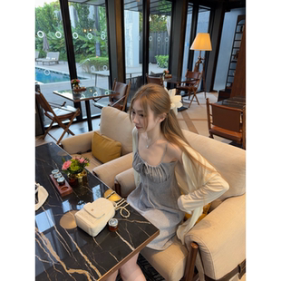 亚麻棉抽褶修身 ski Tannin赤兔 A字短裙女 超细格纹吊带连衣裙