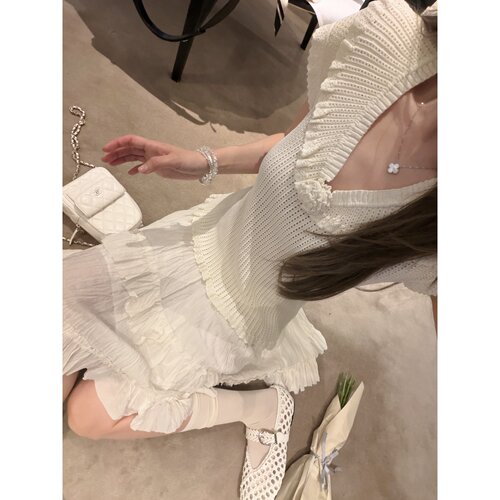 skibyTannin荷叶边针织短袖