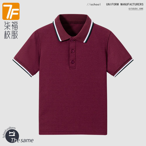 学校校服夏季中小学生短袖儿童英伦T恤男女童枣红条纹衣领polo衫
