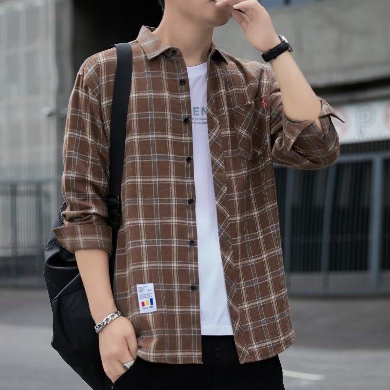 春秋季衬衫男长袖外穿气质条纹格子衬衫宽松百搭休闲韩版潮流上衣,男装,衬衫,淘宝优惠券,粉丝福利购,淘宝优惠卷