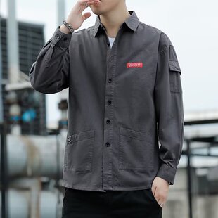 衬衫男士韩版潮流帅气春秋青年衬衣工装长袖水洗上衣男生外套寸衬