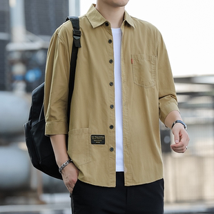 夏季100%七分袖男士衬衫韩版宽松潮流百搭工装短袖衬衣外套潮