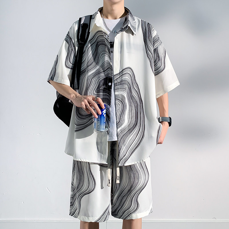 国风冰丝沙滩套装男士夏季薄款大码休闲男装高级短袖衬衫短裤夏装,男装,时尚套装,淘宝优惠券,粉丝福利购,淘宝优惠卷