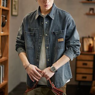 男士 外套男初秋休闲青年抗皱长袖 春秋季 蓝色工装 衬衣 美式 牛仔衬衫