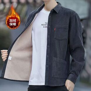 加绒加厚休闲工装 男士 高档灯芯绒长袖 衬衫 衬衣外套宽松多口袋衬衫