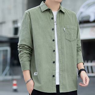 翻领宽松衬衣春秋口袋外套 男长袖 高档男士 复古纯色休闲灯芯绒衬衫