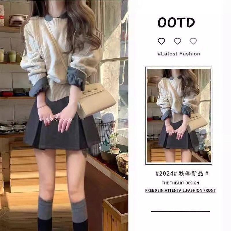 春季温柔风套装女新款时尚洋气长袖毛衣衬衫气质显瘦短裙三件