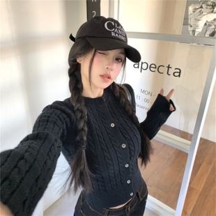 黑色麻花毛衣开衫女款2025新款秋冬冬内搭修身短款打底针织上衣潮