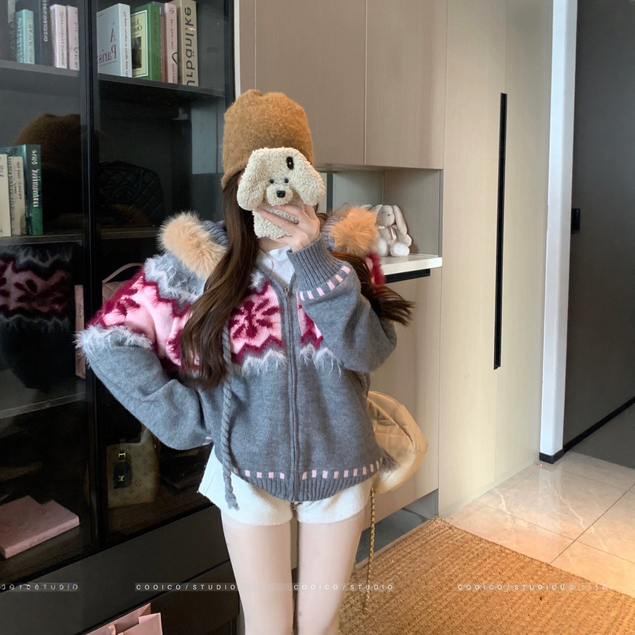 美式复古提花针织连帽开衫女冬季设计感小众宽松显瘦百搭毛衣外套,女装/女士精品,毛针织衫,淘宝优惠券,粉丝福利购,淘宝优惠卷