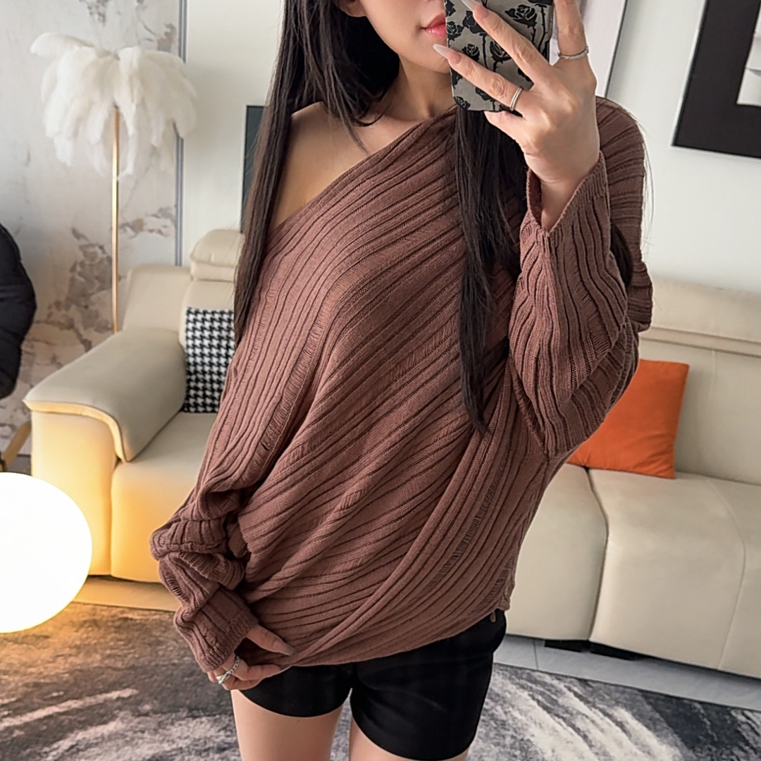 SEASON 2025秋季新款宽松蝙蝠衫上衣t恤女韩版慵懒风纯欲风斜领袖