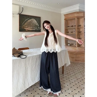 套装 甜美蕾丝刺绣花边吊带上衣波点阔腿长裤 时尚 女2025夏季 潮 新款