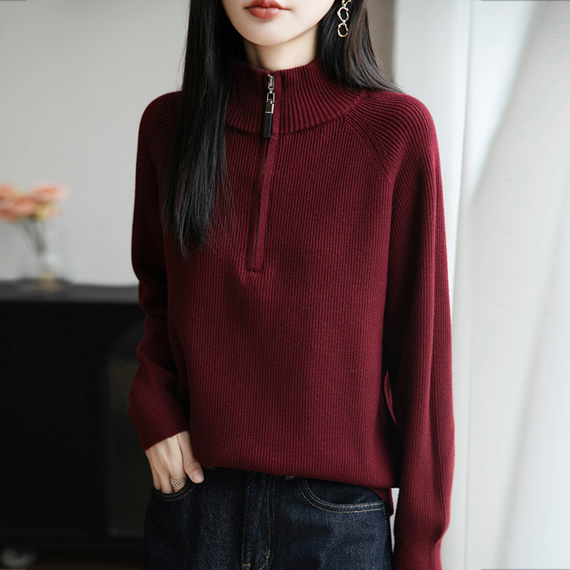 秋冬女轻熟简约半高领拉链针织衫