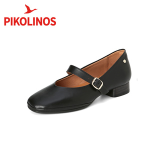 Pikolinos派高雁秋季擦色牛皮圆头粗跟一字扣带玛丽珍鞋PL257401