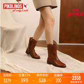 Pikolinos派高雁冬季 牛皮纯色侧拉链平跟圆头中筒靴PA241603