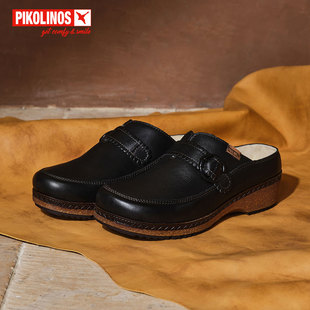 Pikolinos派高雁秋季牛皮纯色套脚平跟休闲穆勒鞋PL230106