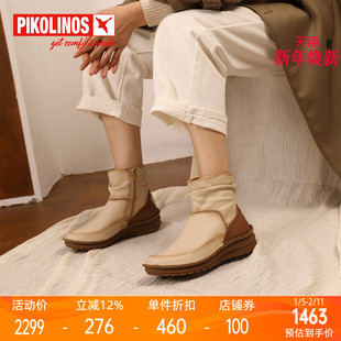 Pikolinos派高雁冬季牛皮中跟坡跟侧拉链休闲短靴PA248507