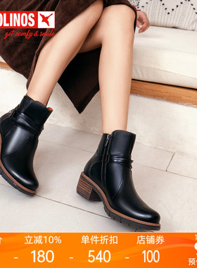 Pikolinos派高雁冬季牛皮粗跟高跟圆头纯色时尚短靴PA10807