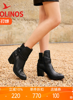 Pikolinos派高雁冬季牛皮圆头粗高跟侧拉链优雅短靴PA231201