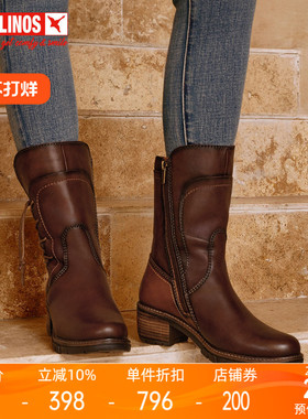 Pikolinos派高雁冬季牛皮粗跟侧拉链羊毛中筒靴PA230814