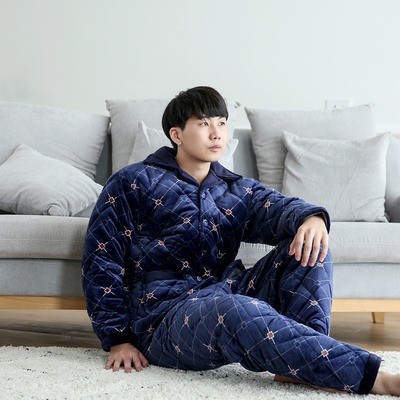 冬季夹棉家居服三层珊瑚绒保暖