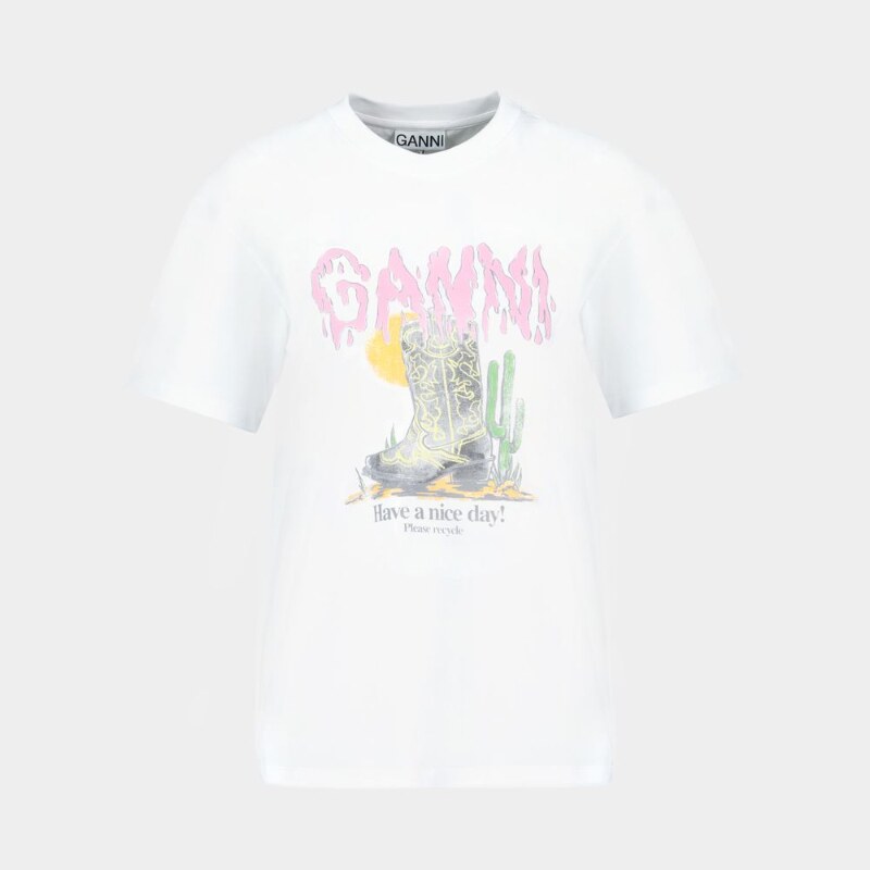 Ganni 基础款纯棉针织T恤 靴子印花 - 纯棉 - 白色