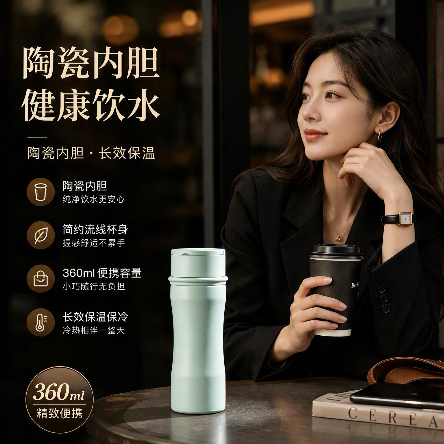 真陶瓷内胆保温杯保冷杯泡茶装中药杯养生保温杯带茶漏月牙水杯