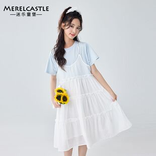 女童连衣裙夏2025新款初中生女孩甜美韩系裙子女大童假两件吊带裙