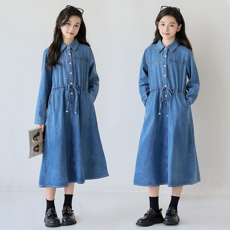 2025中大童女童蓝色连衣裙春秋儿童长袖牛仔裙小女孩收腰洋气裙子