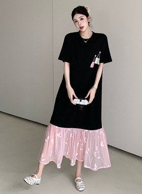 2025夏新品微胖大码长款钉扣装饰拼接绣花纱裙摆短袖休闲连衣裙女