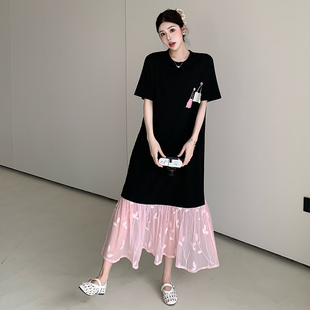 2025夏新品微胖大码长款钉扣装饰拼接绣花纱裙摆短袖休闲连衣裙女