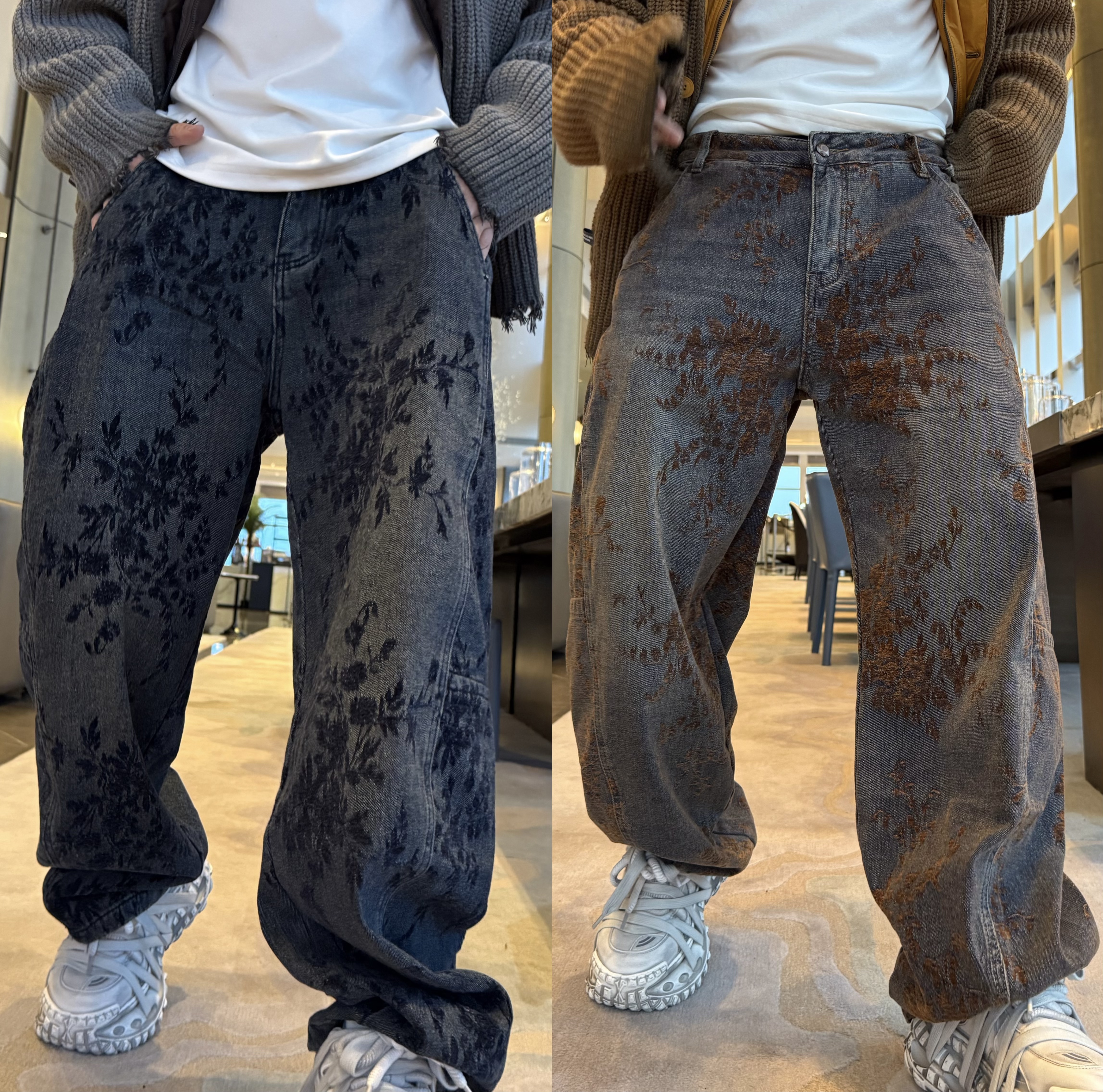 金先生秋冬提花植绒刺绣复古穿搭牛仔裤时尚弯刀加绒休闲香蕉裤