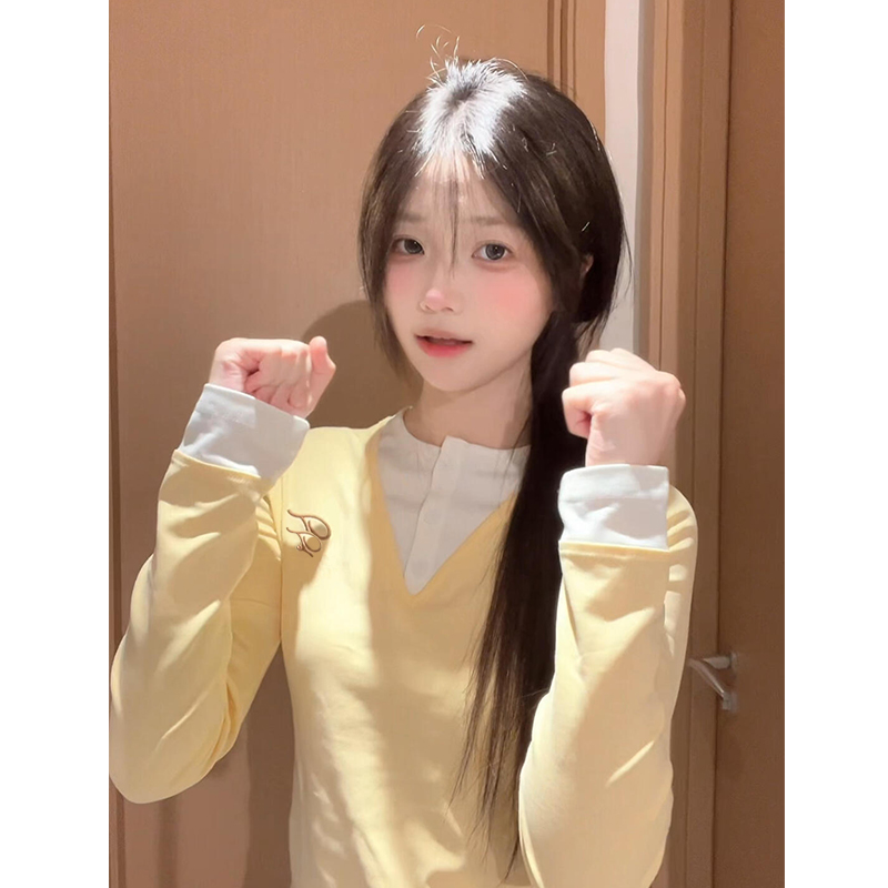 复古撞色假两件长袖t恤女秋修身