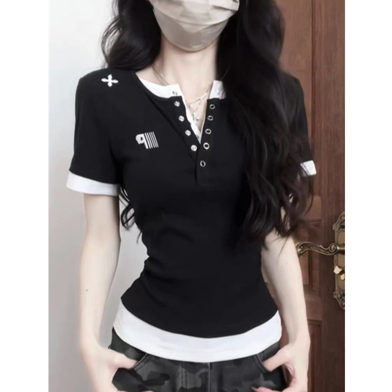 假两件刺绣拼接撞色短袖t恤女夏